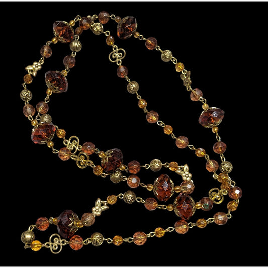 Vintage Honey And Gold Tone Filigree Long Artisan Beaded Necklace