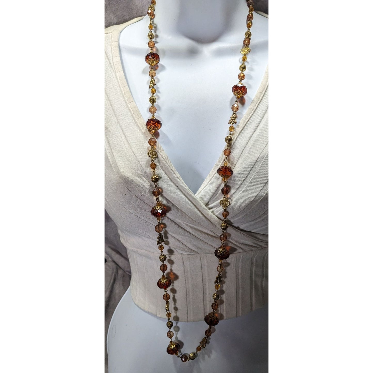 Vintage Honey And Gold Tone Filigree Long Artisan Beaded Necklace