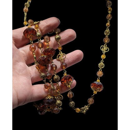 Vintage Honey And Gold Tone Filigree Long Artisan Beaded Necklace