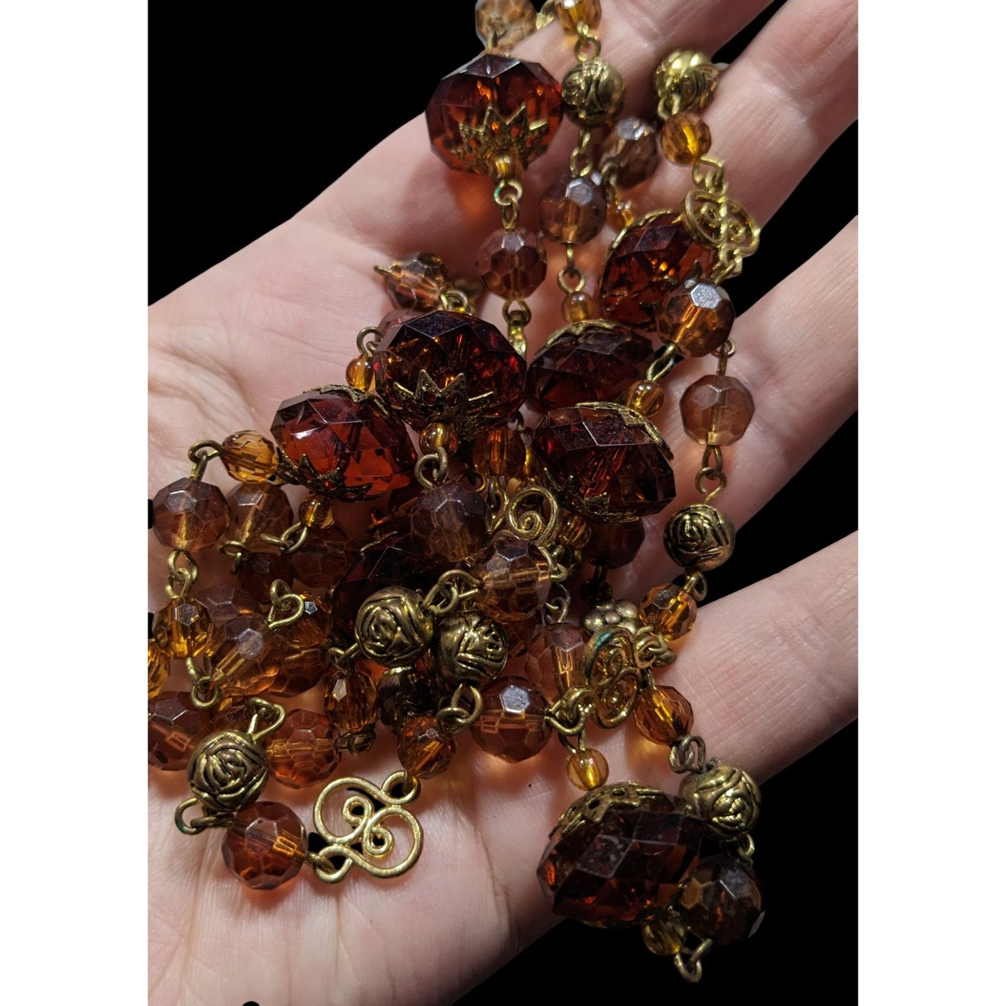 Vintage Honey And Gold Tone Filigree Long Artisan Beaded Necklace