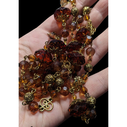 Vintage Honey And Gold Tone Filigree Long Artisan Beaded Necklace