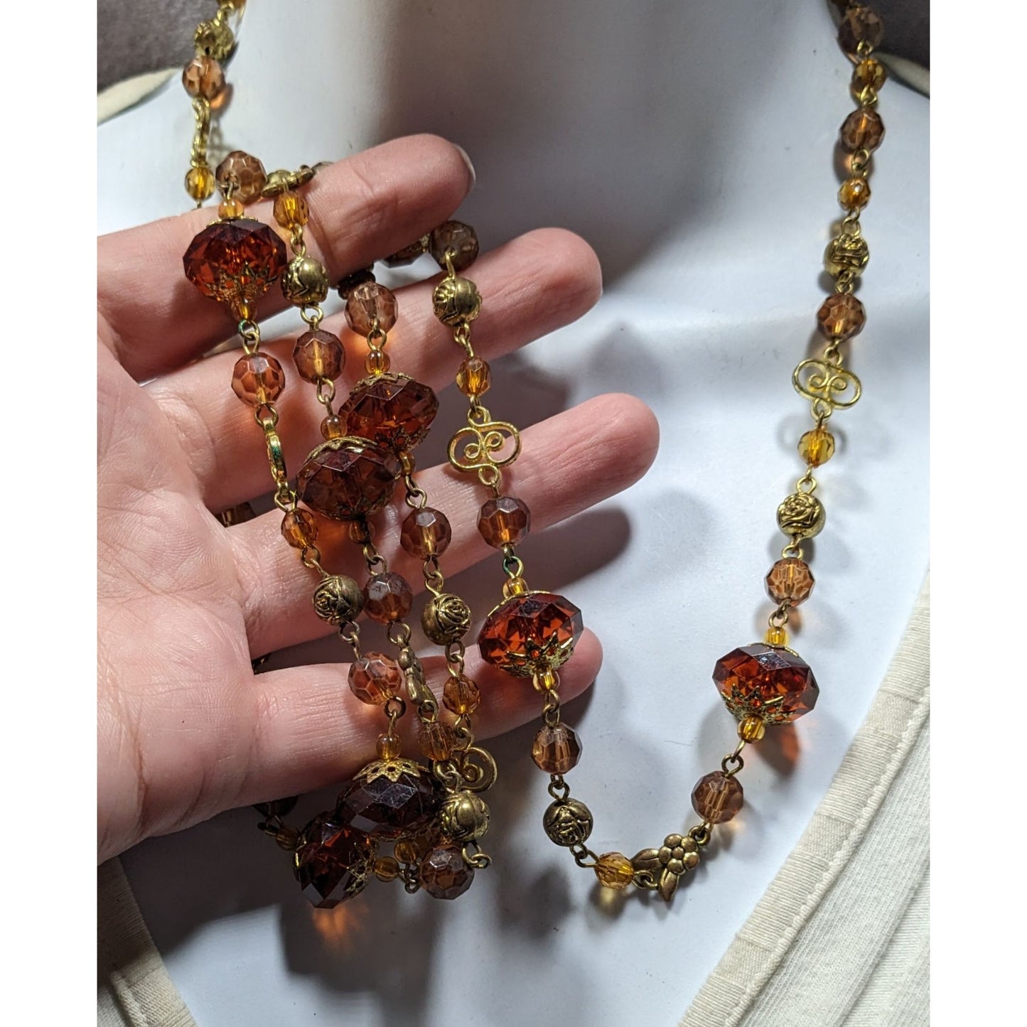 Vintage Honey And Gold Tone Filigree Long Artisan Beaded Necklace