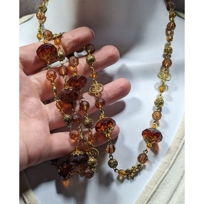 Vintage Honey And Gold Tone Filigree Long Artisan Beaded Necklace