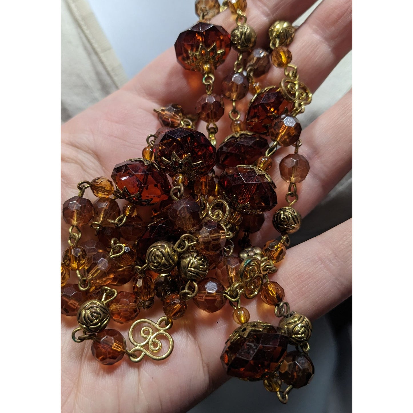 Vintage Honey And Gold Tone Filigree Long Artisan Beaded Necklace