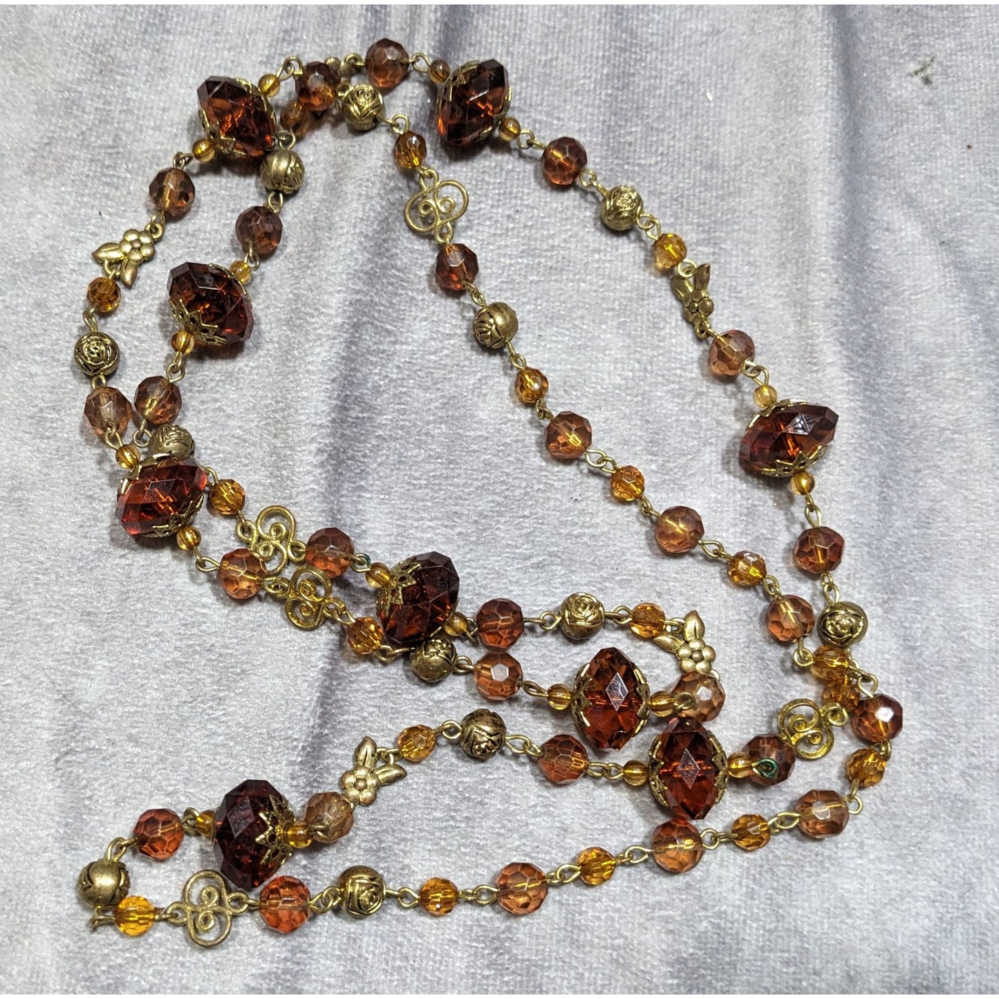 Vintage Honey And Gold Tone Filigree Long Artisan Beaded Necklace