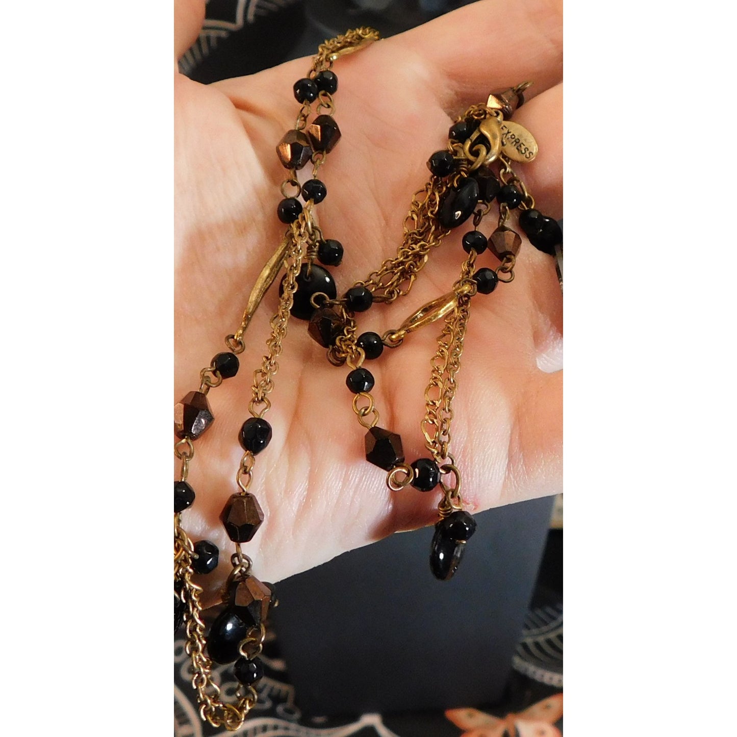 Express Glam Goth Art Deco Black And Gold Tone Necklace