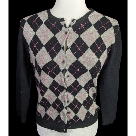 Preppy J.Crew Vintage Womens Cashmere Argyle Cardigan Sweater - Black/Gray/Pink