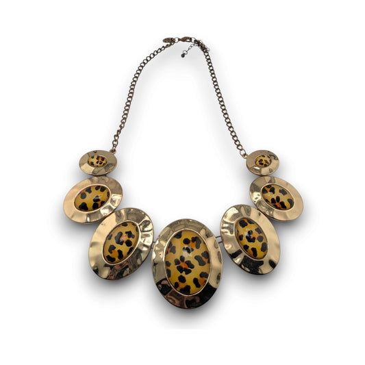 Charming Charlie Leopard Print Gold Tone Statement Bib Necklace Safari Glam