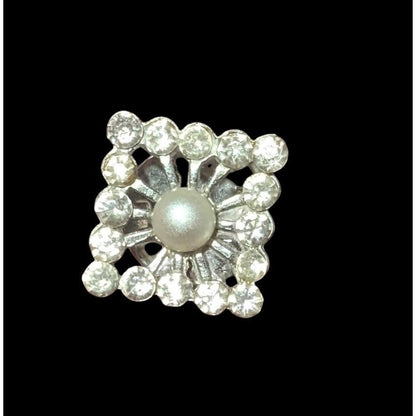 Vintage Glam Rhinestone Faux Pearl Silver Tone Lapel Pin