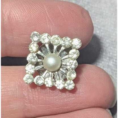 Vintage Glam Rhinestone Faux Pearl Silver Tone Lapel Pin