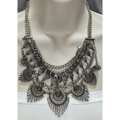 Lulus Layered Tribal Bib Necklace Silver Tone Boho Festival Statement Jewelry