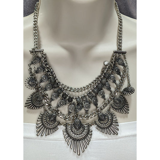 Lulus Layered Tribal Bib Necklace Silver Tone Boho Festival Statement Jewelry