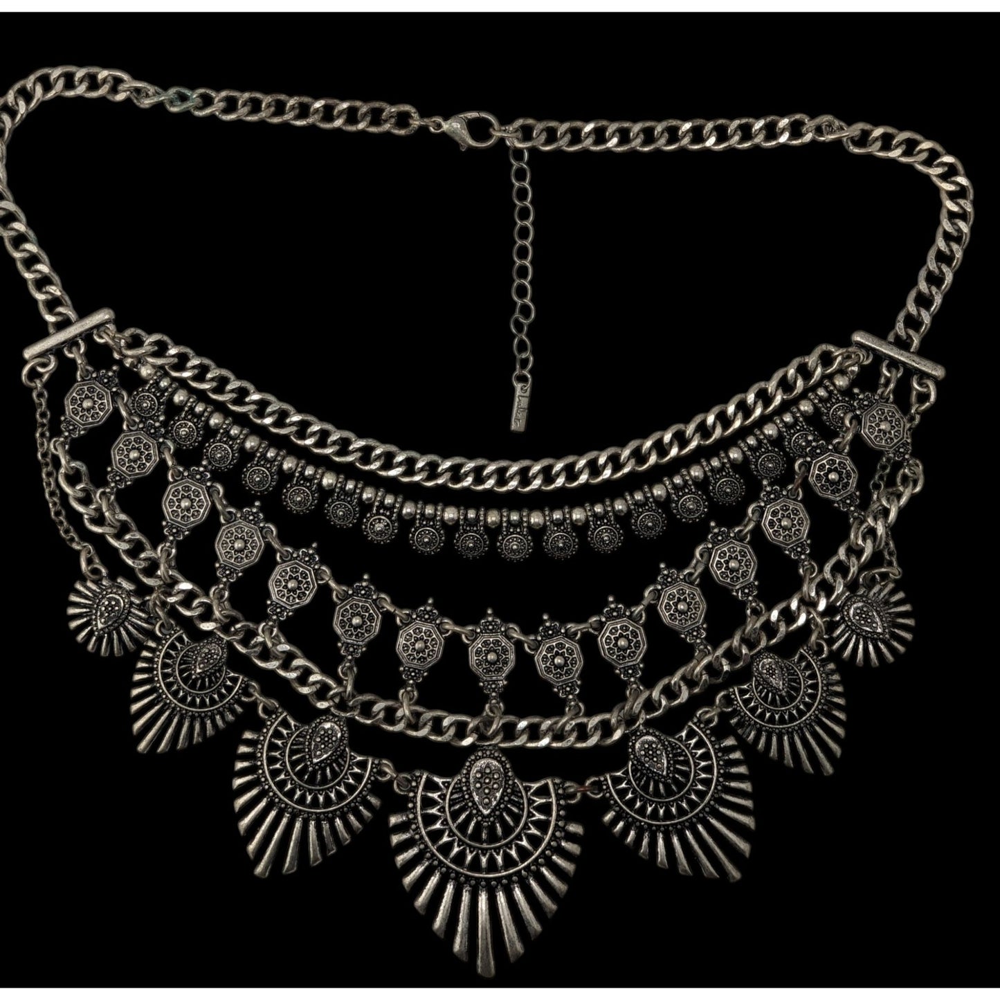 Lulus Layered Tribal Bib Necklace Silver Tone Boho Festival Statement Jewelry