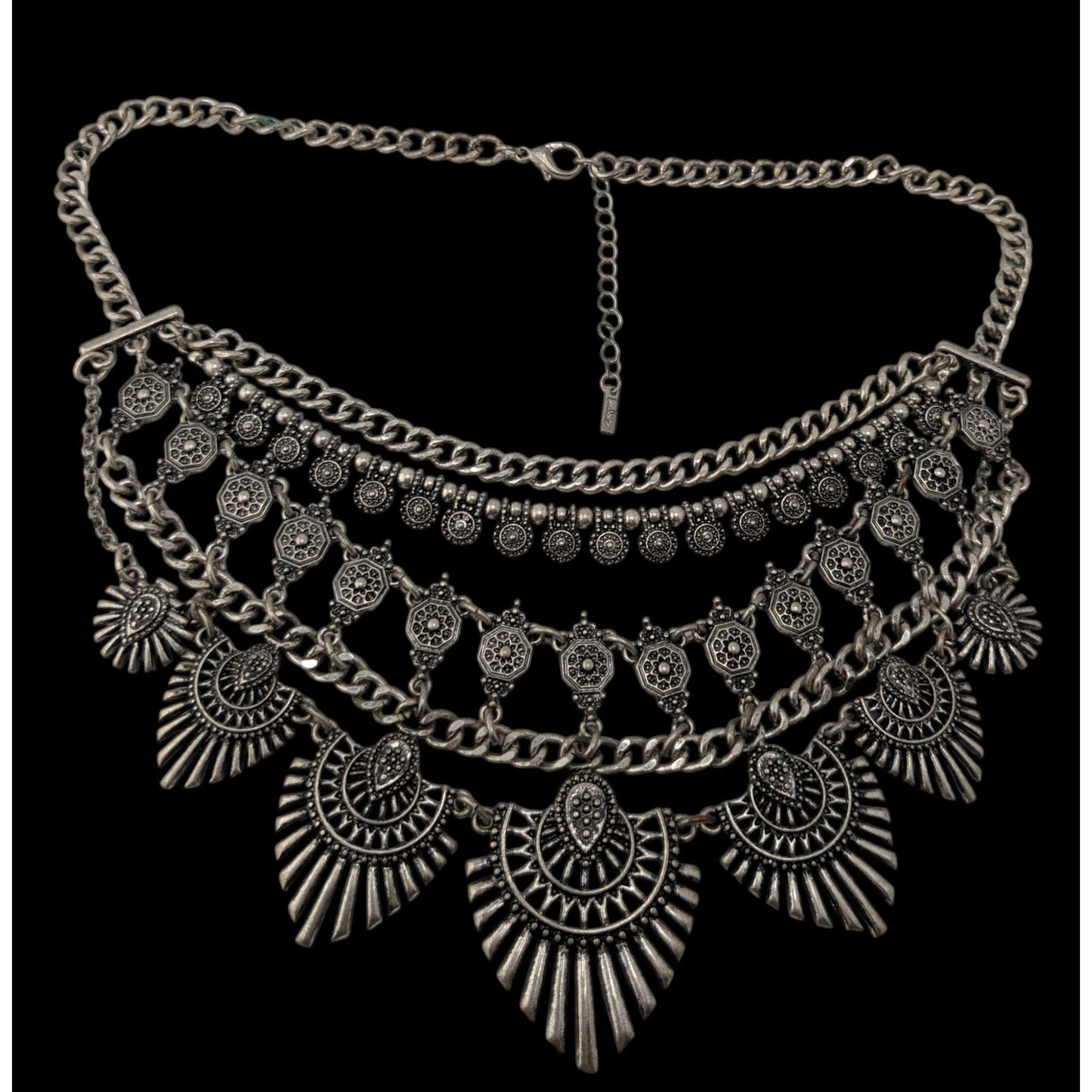 Lulus Layered Tribal Bib Necklace Silver Tone Boho Festival Statement Jewelry