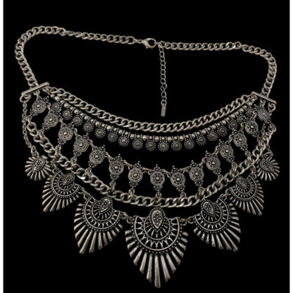 Lulus Layered Tribal Bib Necklace Silver Tone Boho Festival Statement Jewelry