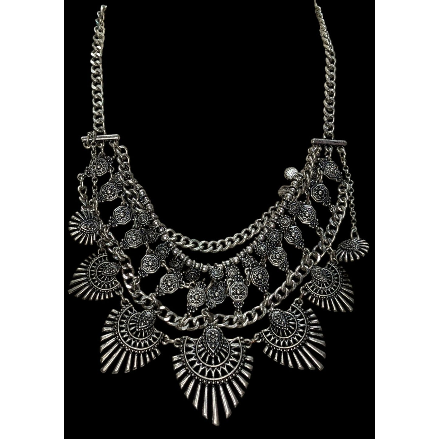 Lulus Layered Tribal Bib Necklace Silver Tone Boho Festival Statement Jewelry