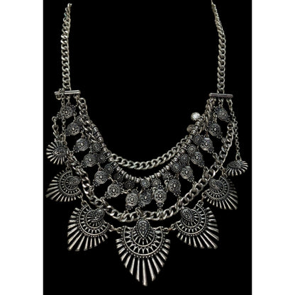 Lulus Layered Tribal Bib Necklace Silver Tone Boho Festival Statement Jewelry