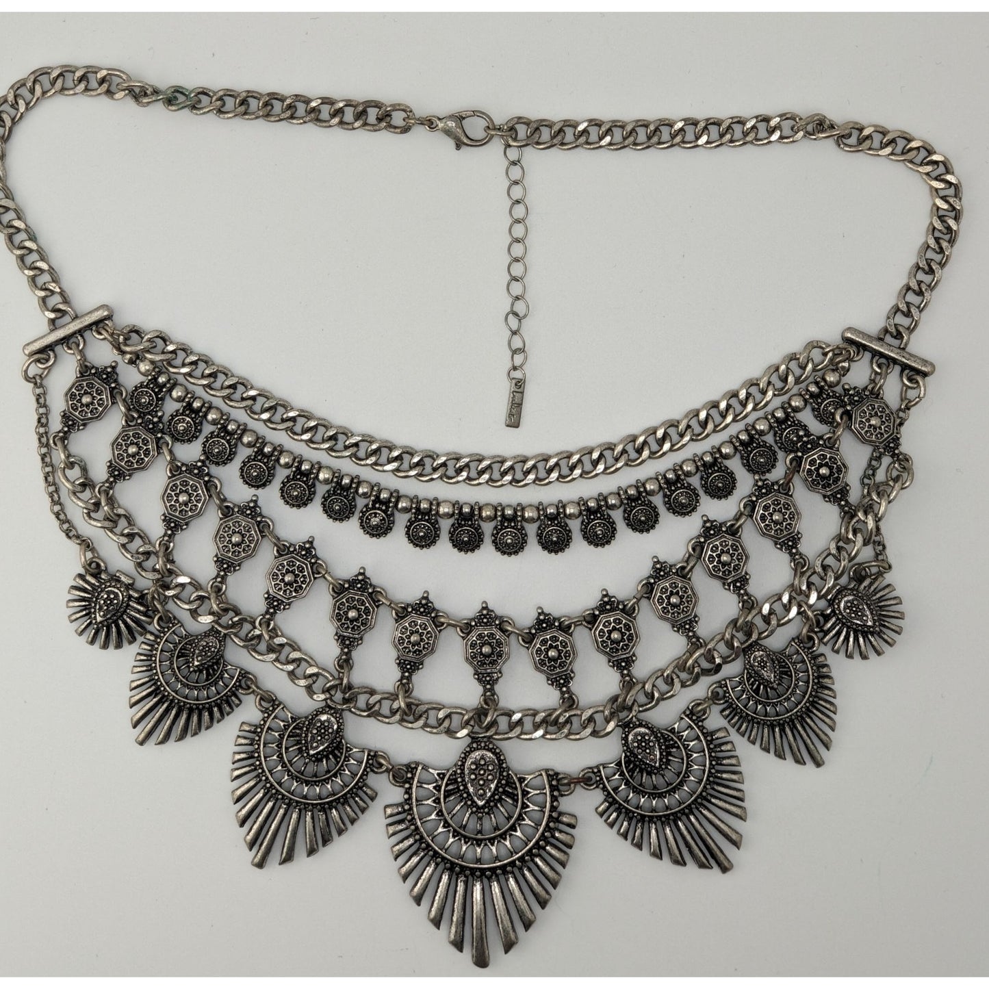 Lulus Layered Tribal Bib Necklace Silver Tone Boho Festival Statement Jewelry