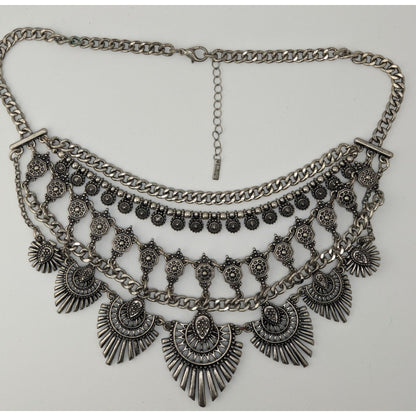 Lulus Layered Tribal Bib Necklace Silver Tone Boho Festival Statement Jewelry