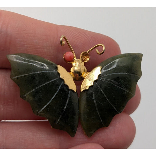 Vintage Jade Butterfly Brooch Gold Tone Carved Green Jade Wings Nature Pin