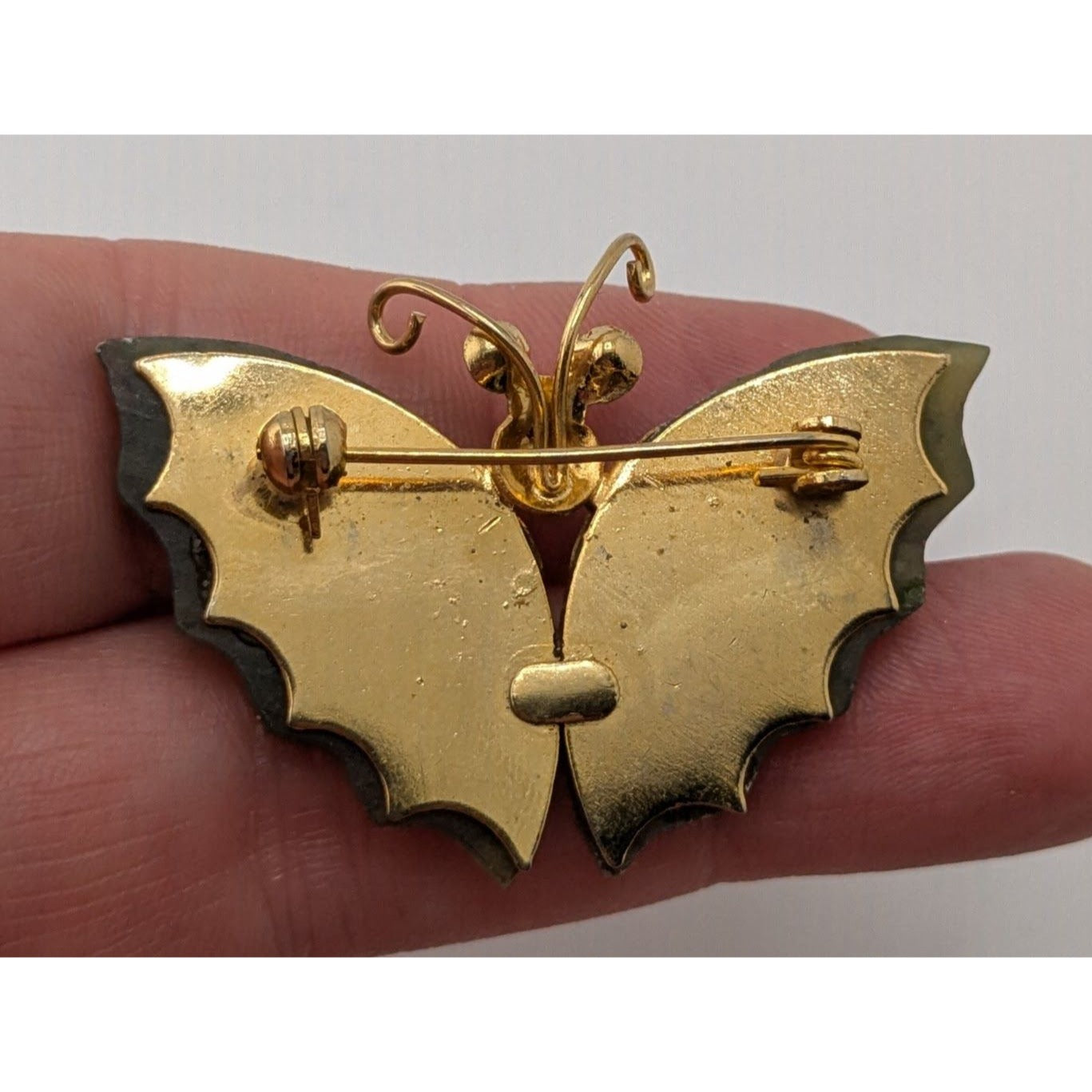 Vintage Jade Butterfly Brooch Gold Tone Carved Green Jade Wings Nature Pin