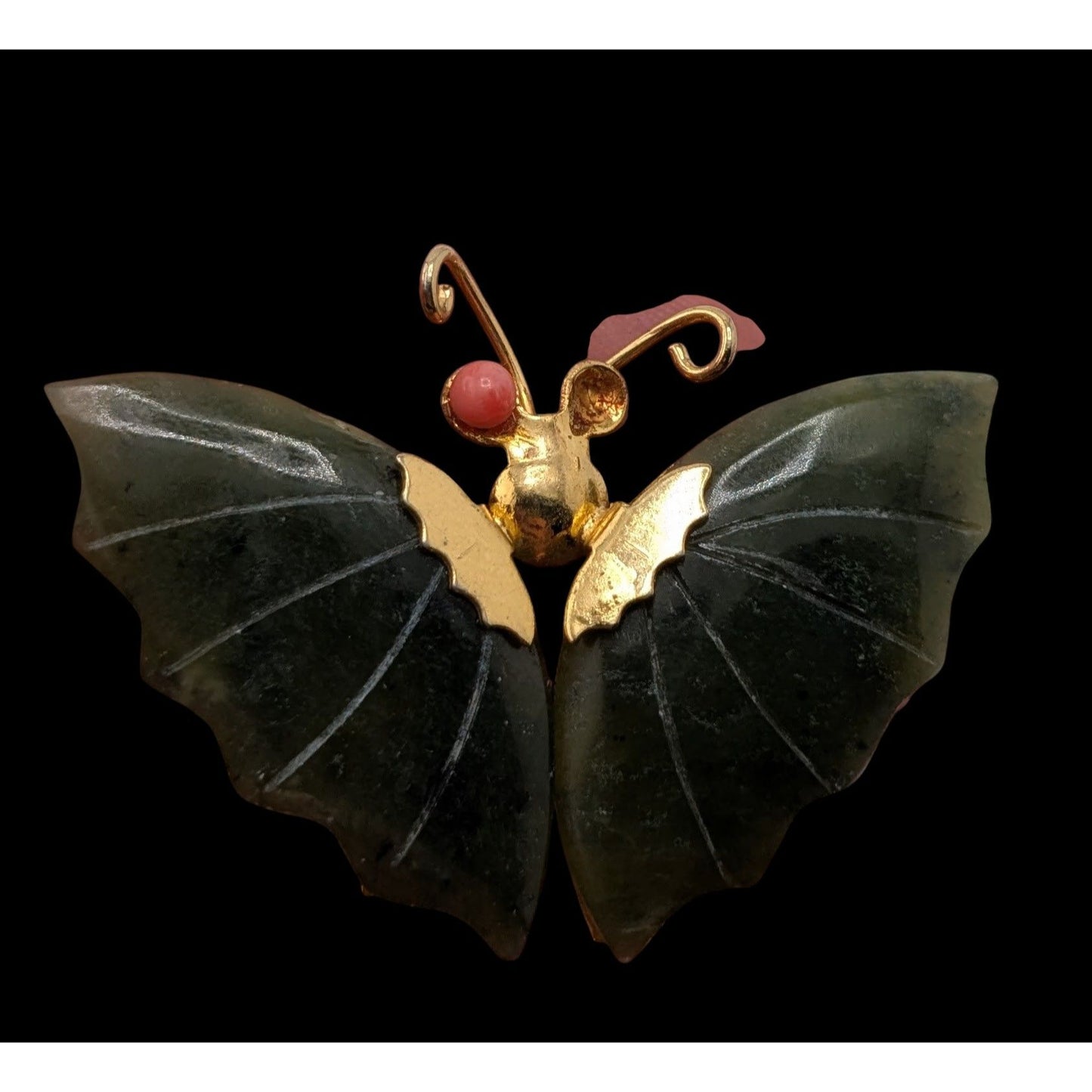 Vintage Jade Butterfly Brooch Gold Tone Carved Green Jade Wings Nature Pin