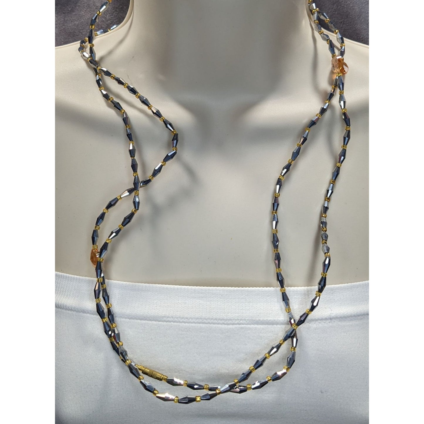 Handmade Glam Long Beaded Necklace With Mirror Glass & Heart Accents