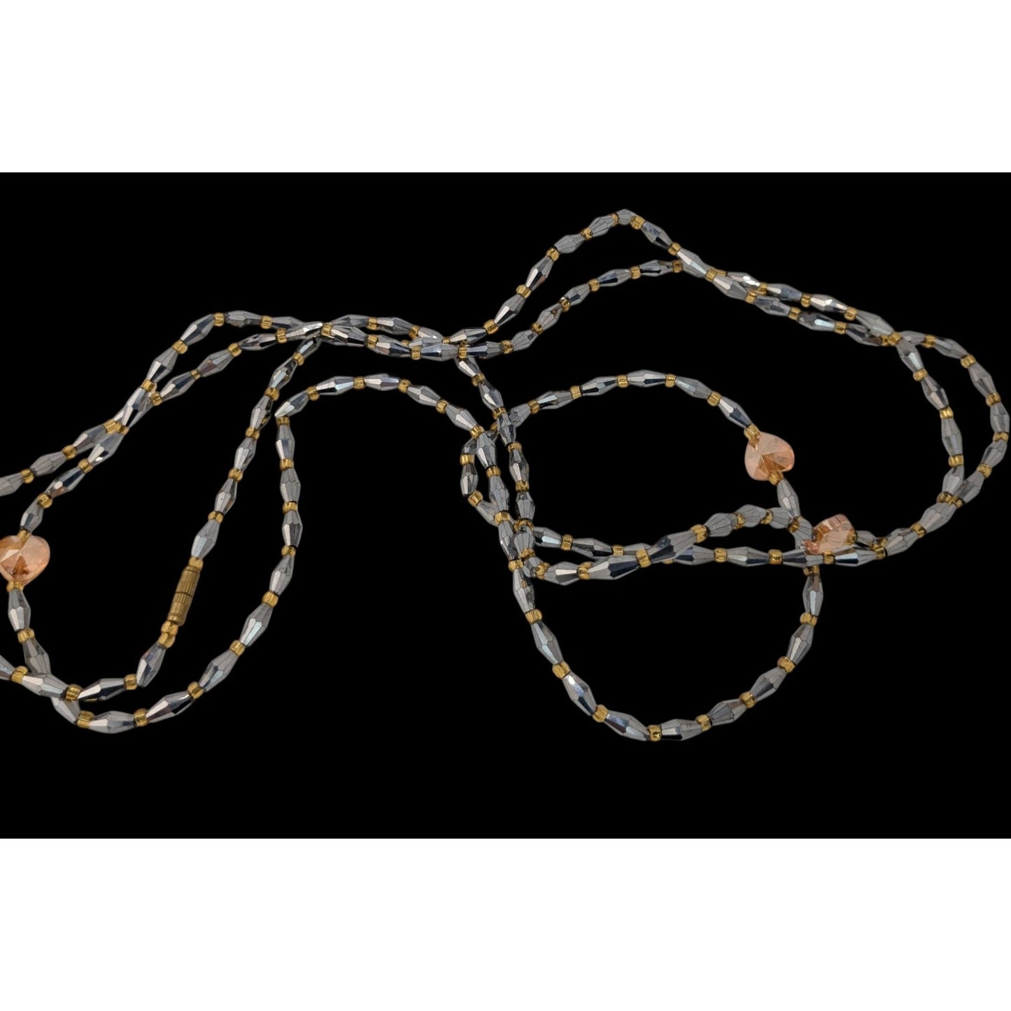 Handmade Glam Long Beaded Necklace With Mirror Glass & Heart Accents