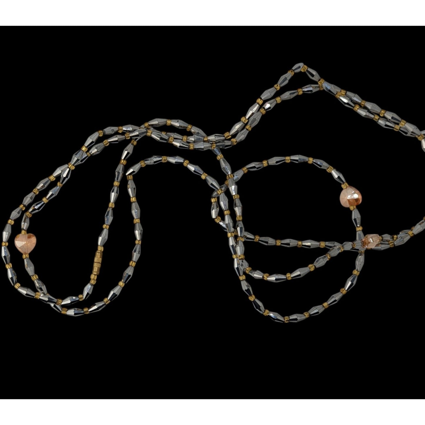 Handmade Glam Long Beaded Necklace With Mirror Glass & Heart Accents