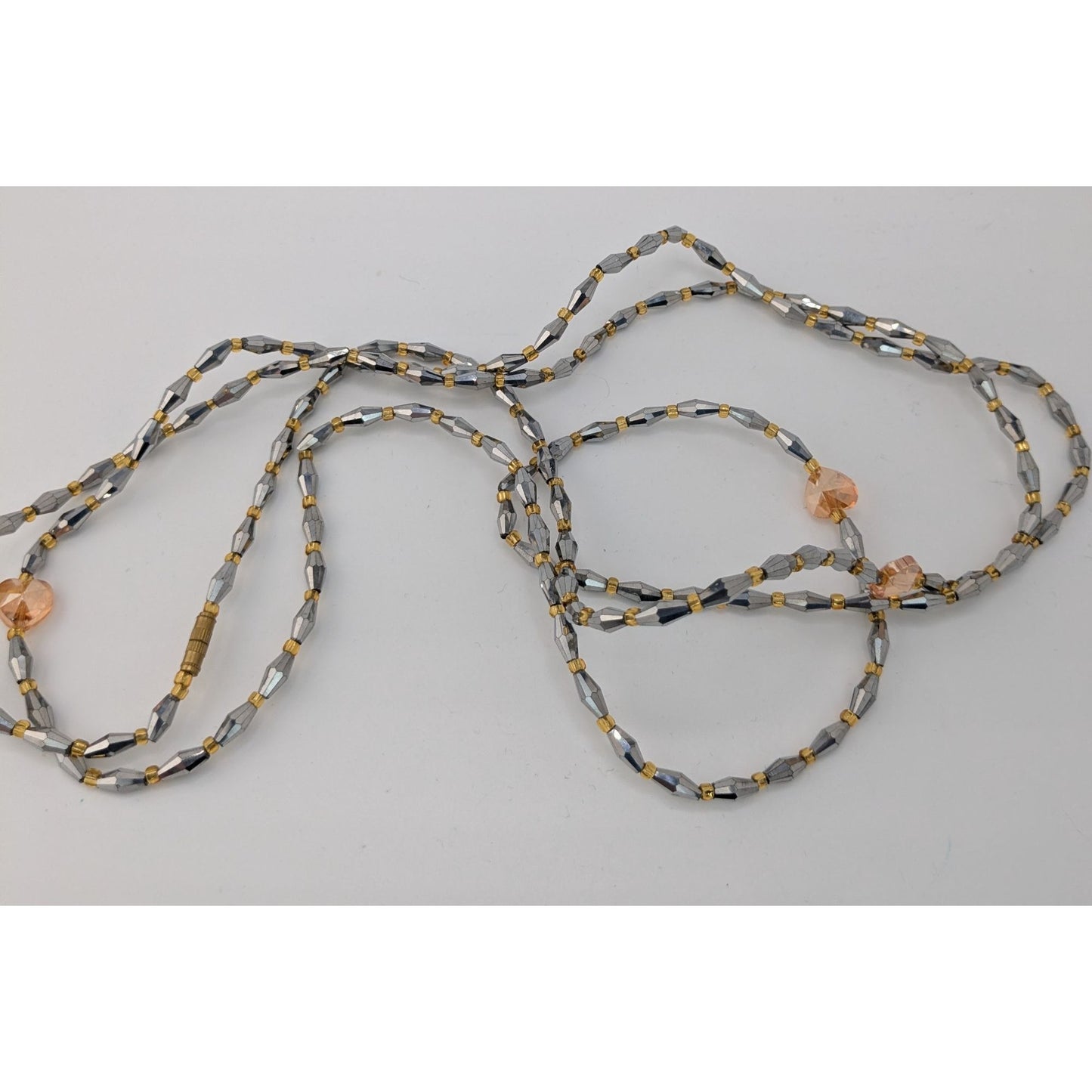 Handmade Glam Long Beaded Necklace With Mirror Glass & Heart Accents