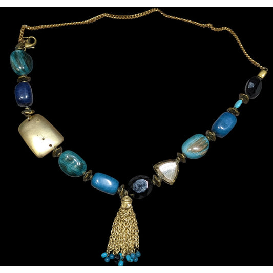 Vintage Bohemian Blue Stone Necklace With Gold Tone Accents And Tasel