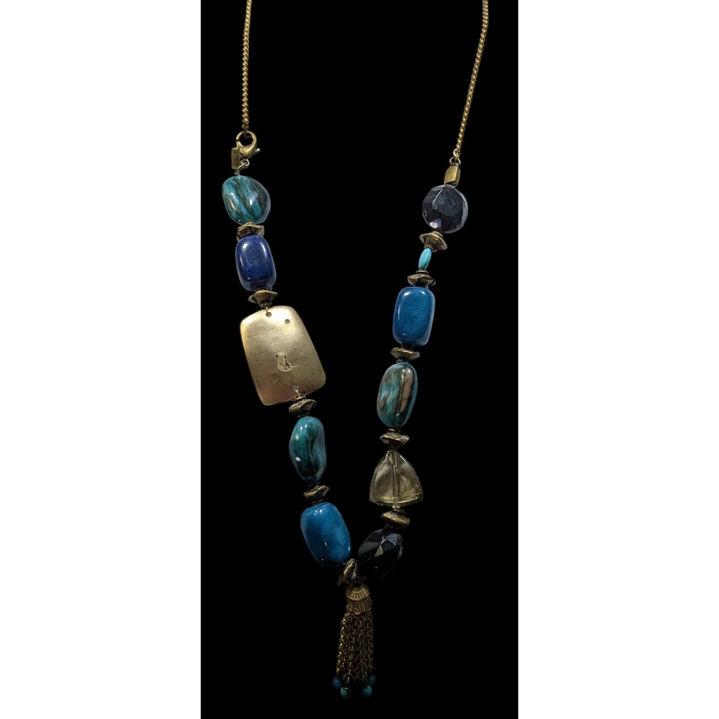 Vintage Bohemian Blue Stone Necklace With Gold Tone Accents And Tasel