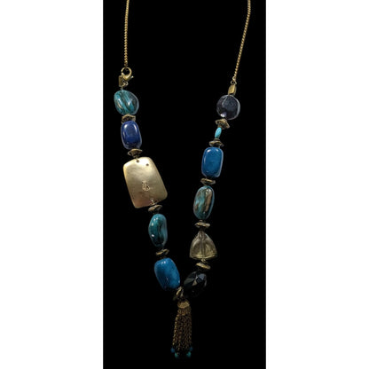 Vintage Bohemian Blue Stone Necklace With Gold Tone Accents And Tasel