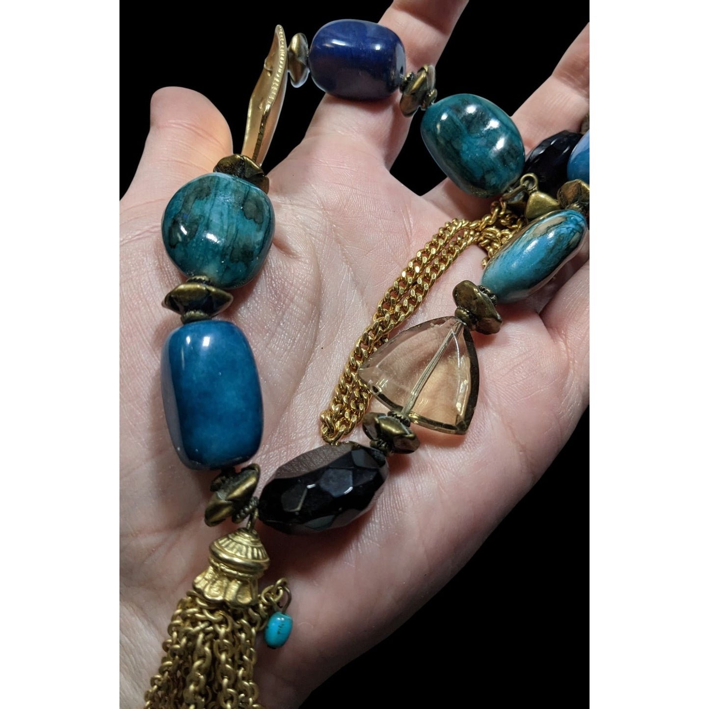 Vintage Bohemian Blue Stone Necklace With Gold Tone Accents And Tasel