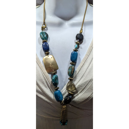 Vintage Bohemian Blue Stone Necklace With Gold Tone Accents And Tasel