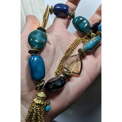 Vintage Bohemian Blue Stone Necklace With Gold Tone Accents And Tasel