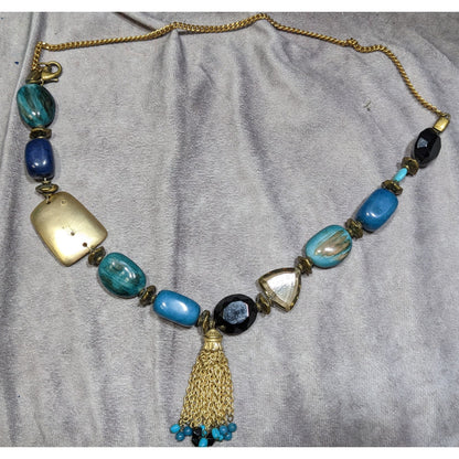 Vintage Bohemian Blue Stone Necklace With Gold Tone Accents And Tasel