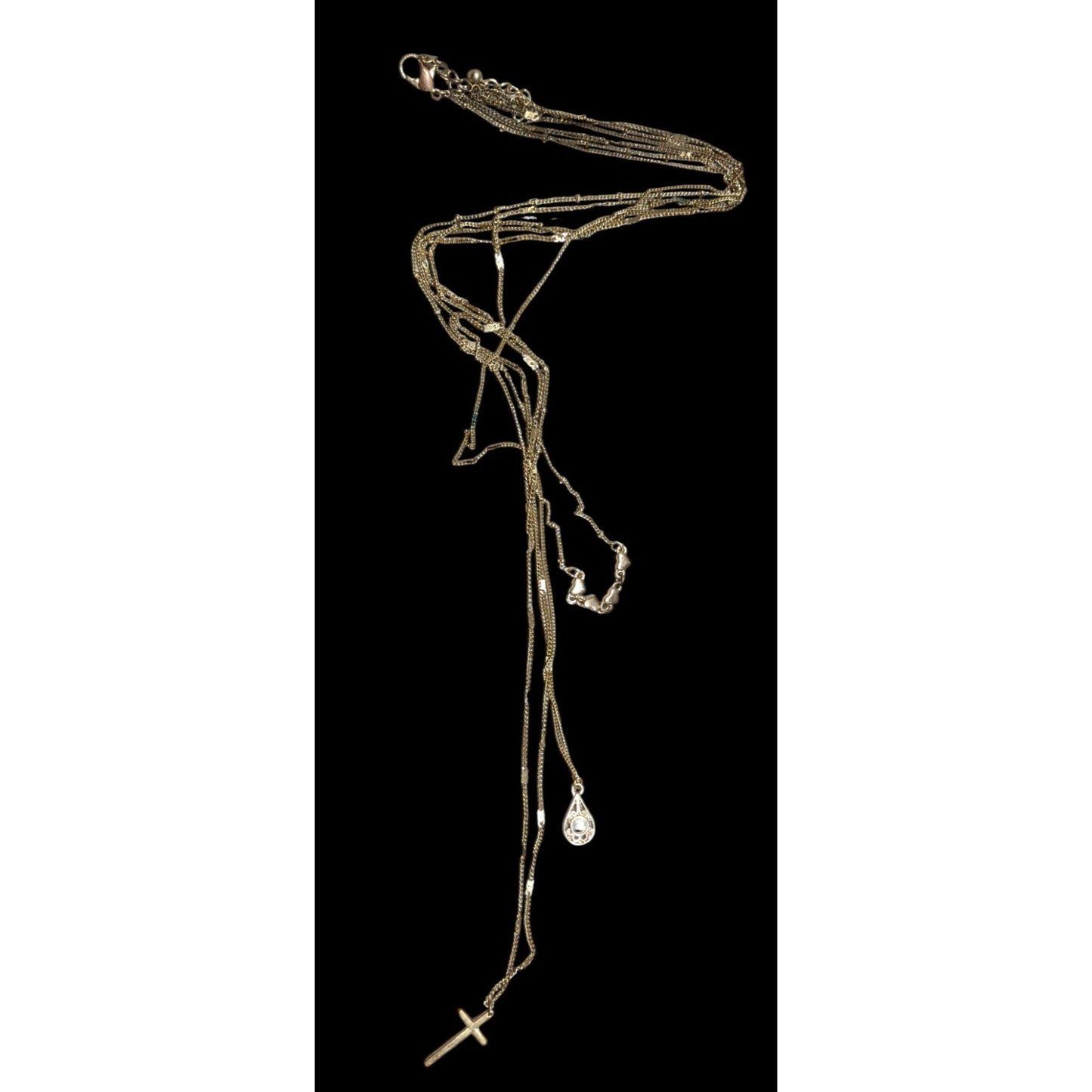 Multilayer Cross Pendant Necklace With Ornate Teardrop Crystal Accent Gold Tone Chain