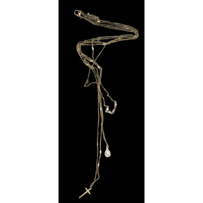 Multilayer Cross Pendant Necklace With Ornate Teardrop Crystal Accent Gold Tone Chain
