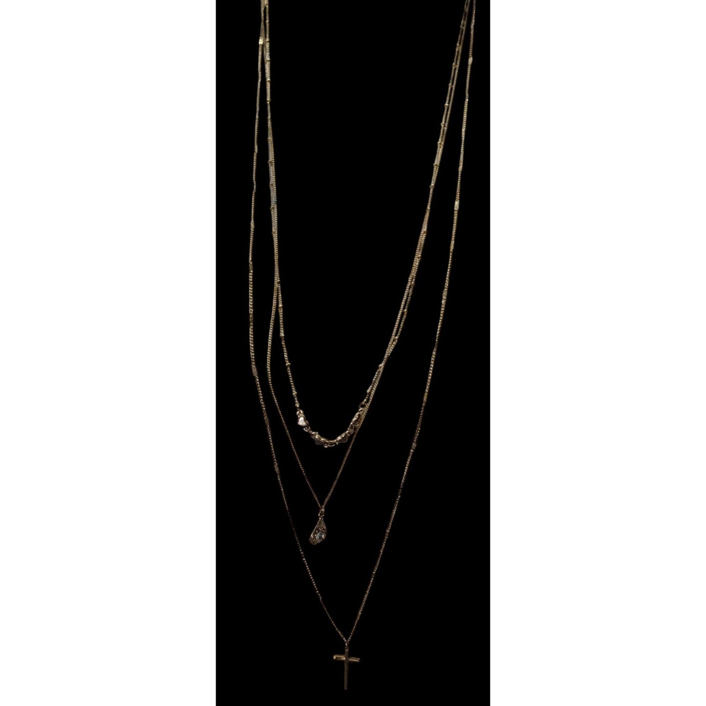 Multilayer Cross Pendant Necklace With Ornate Teardrop Crystal Accent Gold Tone Chain