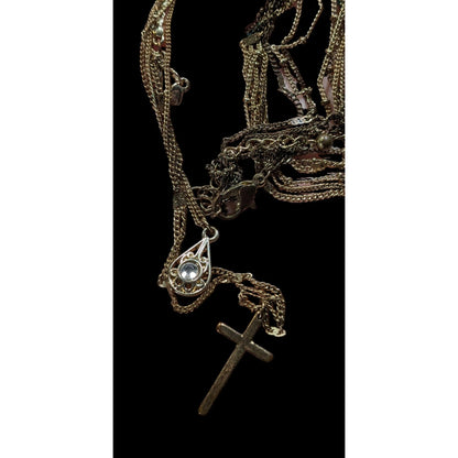 Multilayer Cross Pendant Necklace With Ornate Teardrop Crystal Accent Gold Tone Chain