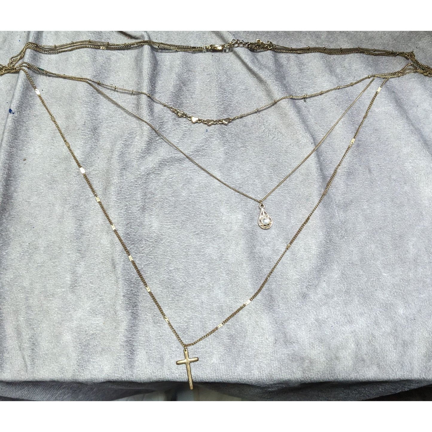 Multilayer Cross Pendant Necklace With Ornate Teardrop Crystal Accent Gold Tone Chain