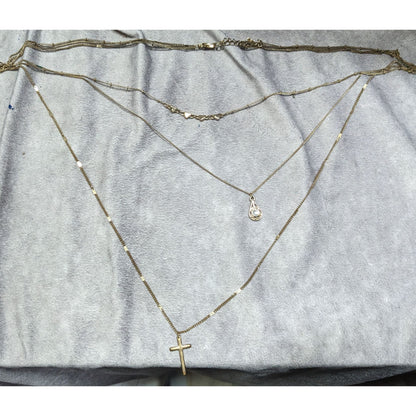 Multilayer Cross Pendant Necklace With Ornate Teardrop Crystal Accent Gold Tone Chain