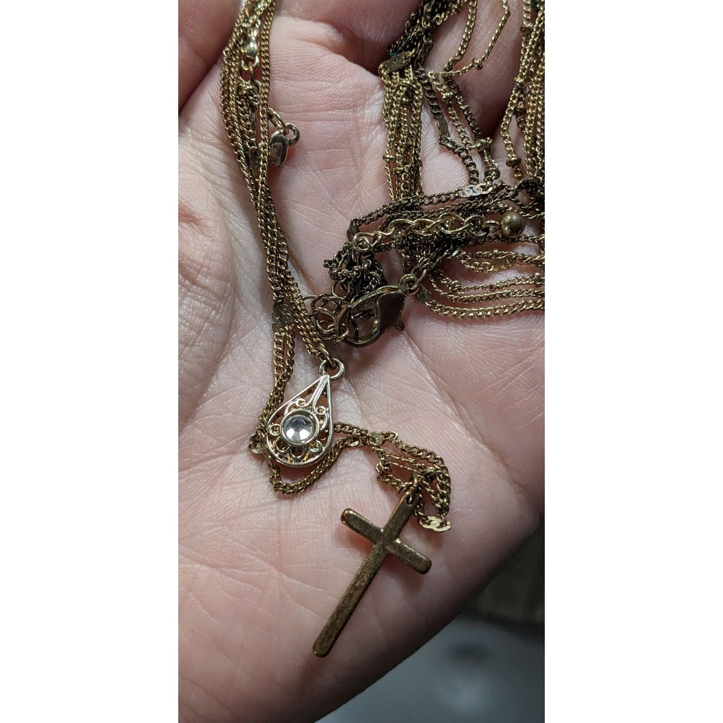 Multilayer Cross Pendant Necklace With Ornate Teardrop Crystal Accent Gold Tone Chain