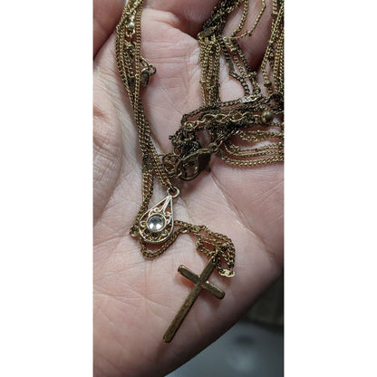 Multilayer Cross Pendant Necklace With Ornate Teardrop Crystal Accent Gold Tone Chain