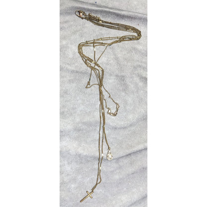 Multilayer Cross Pendant Necklace With Ornate Teardrop Crystal Accent Gold Tone Chain