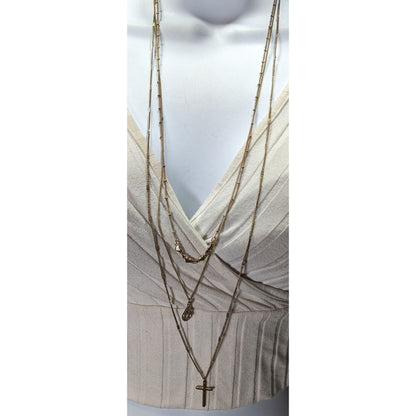 Multilayer Cross Pendant Necklace With Ornate Teardrop Crystal Accent Gold Tone Chain