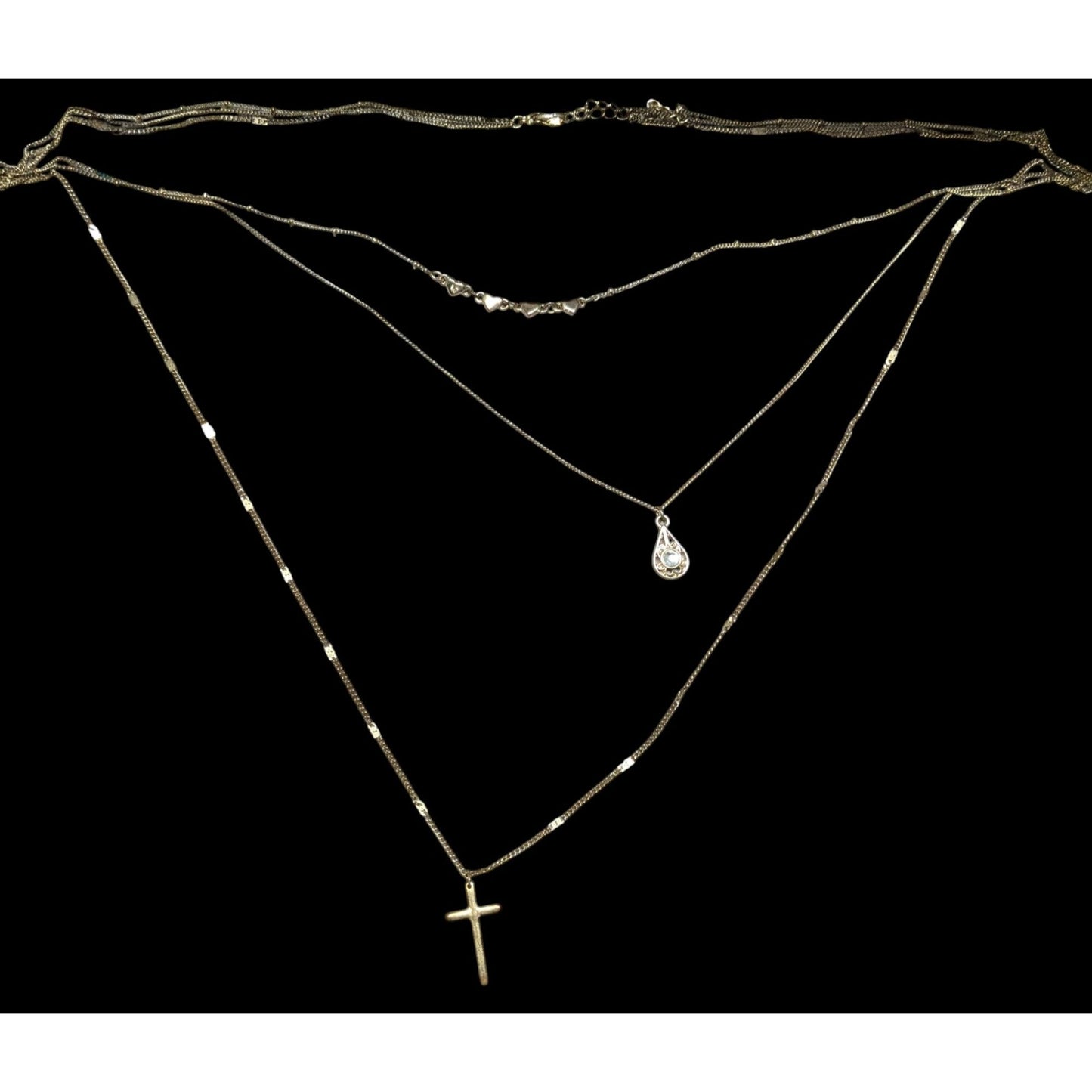 Multilayer Cross Pendant Necklace With Ornate Teardrop Crystal Accent Gold Tone Chain
