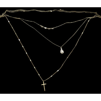 Multilayer Cross Pendant Necklace With Ornate Teardrop Crystal Accent Gold Tone Chain
