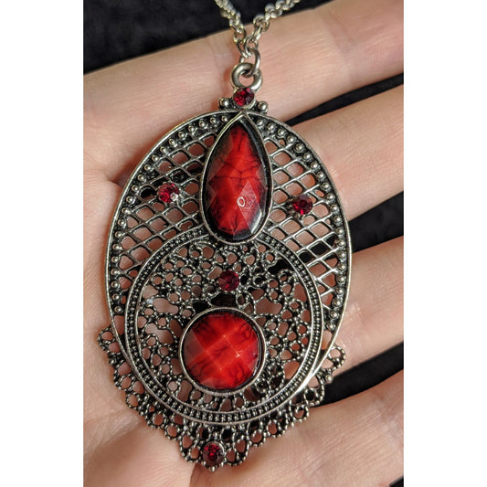 Gothic Oval Pendant Necklace With Red Faux Gemstones & Filigree Design